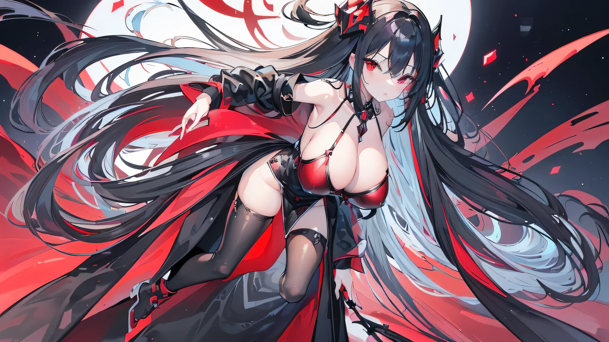 Exquisite eyes),(Clear and beautiful eyes:1.61),masterpiece, ung girl,(Black clothes and some red gems), Black long hair, (She has a huge red gem on her chest), Good Hand,((The Havoc of StarCraft)),full-body shot,Fighting Stance,(Red Eyes:1.466),short and small,(Very big breasts:1.35),(Pretty Face),(full-body shot:1.33),Beautiful hands