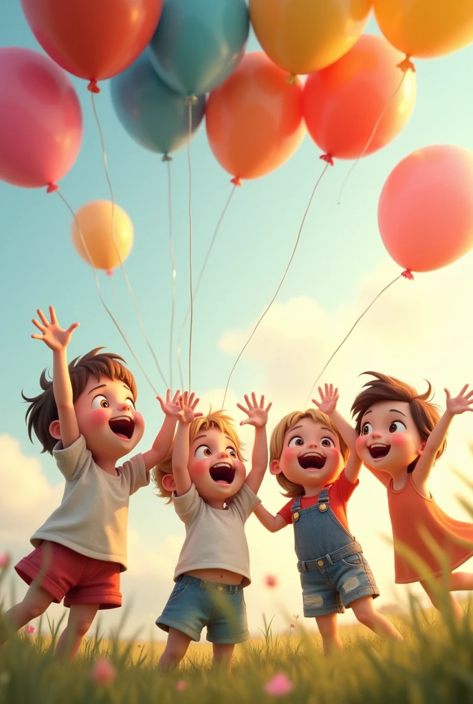 Create an image of several children with big eyes playing with balloons and having fun
