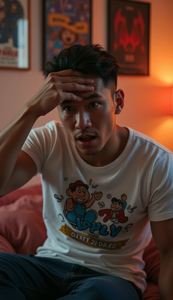 photorealistic, best quality, masterpiece, extremely detailed, (side view), extremely handsome, 30 year old borneo man, no facial hair, muscular build, wearing 8bit graphic tshirt, shocked expression, looking directly at camera, holding a video game console controller in right hand, left hand slaps his forehead, sitting on couch, in fun bedroom, movie posters on the wall, extremely romantic atmosphere, perfect face, perfect fingers, perfect hands, perfection