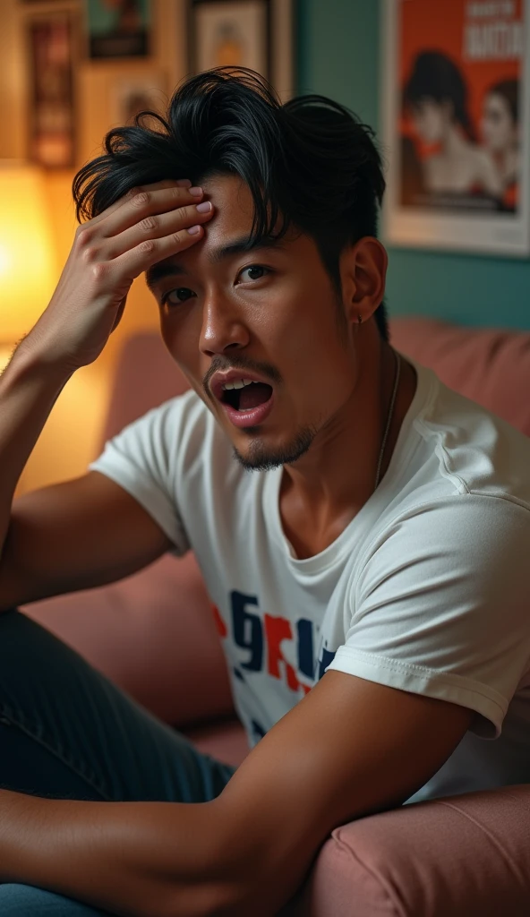 photorealistic, best quality, masterpiece, extremely detailed, (side view), extremely handsome, 30 year old borneo man, no facial hair, muscular build, wearing 8bit graphic tshirt, shocked expression, looking directly at camera, holding a video game console controller in right hand, left hand slaps his forehead, sitting on couch, in fun bedroom, movie posters on the wall, extremely romantic atmosphere, perfect face, perfect fingers, perfect hands, perfection