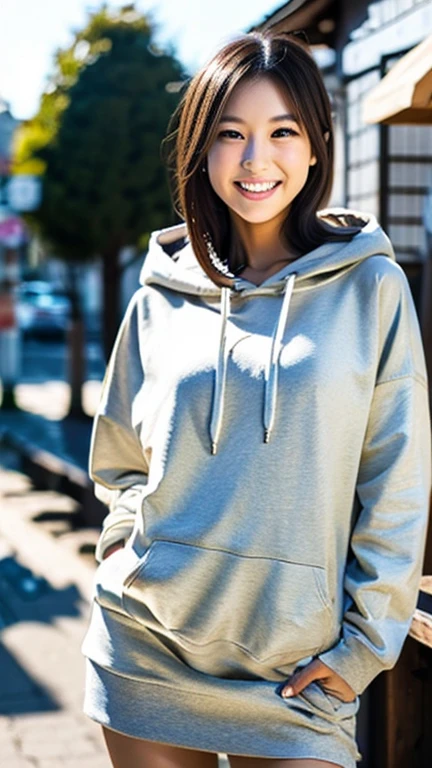 A Japanese milf, photo of one girl, Slender figure, Realistic teeth, wearing oversized hoodie, down hood, smile, full-body, masterpiece, best quality, detailed, beauty, Pub,