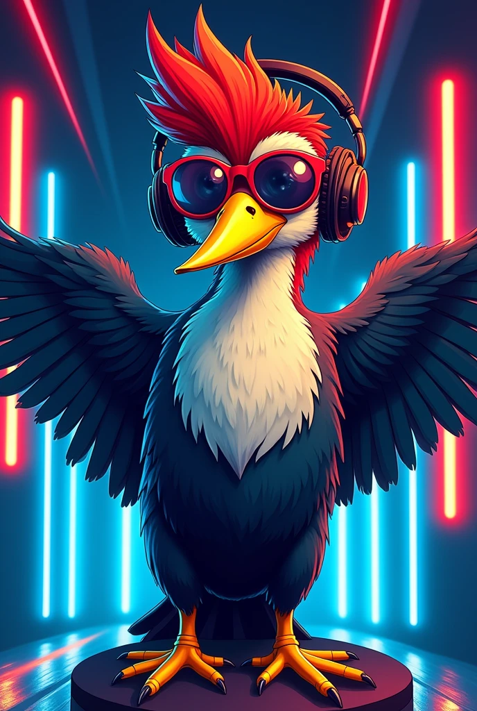 A pop art cartoon illustration of a woodpecker's face, wearing headphones and aviator sunglasses, with blue and red neon lights balance. The woodpecker's beak should be yellow and long and the feathers on its head should be symmetrical with the art..