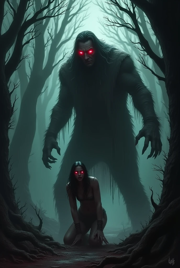 A terrifying, imposing man with red eyes in the middle of the Sinister Forest in. Front of a woman cover for the video