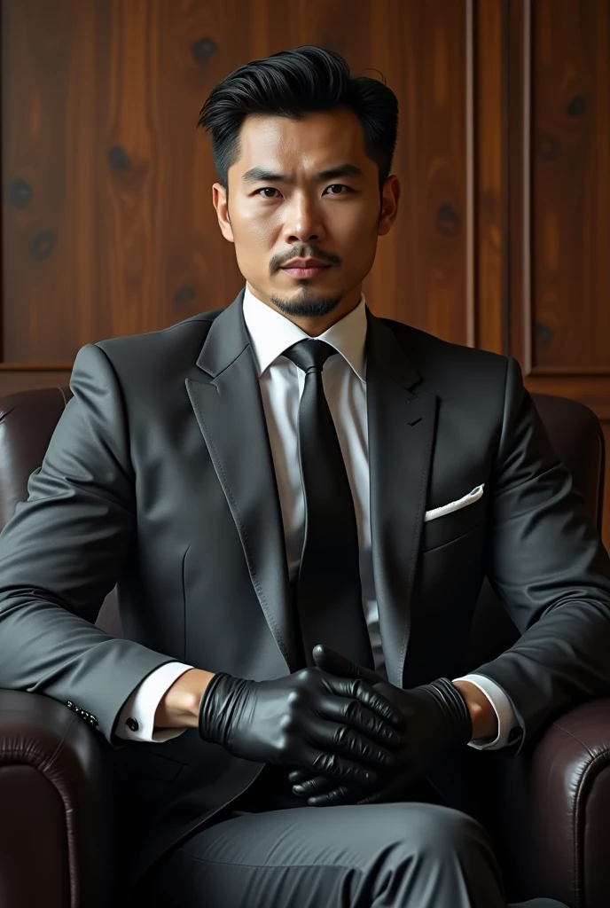 Chinese gentleman ,30 years old,daddy,"shiny suit",wear white shirt,wet clothes, very glossy pants, necktie, waistcoat, shiny satin trousers,dark gray satin fabric ,Dad sit down on the sofa, k hd,in the office,"big muscle" ,black hair,asia face,masculine,strong man,the boss is,handsome,,leather gloves,lecherous dad,look straight ahead,dad is handsome,dad is handsome, dad is "big horny daddy"