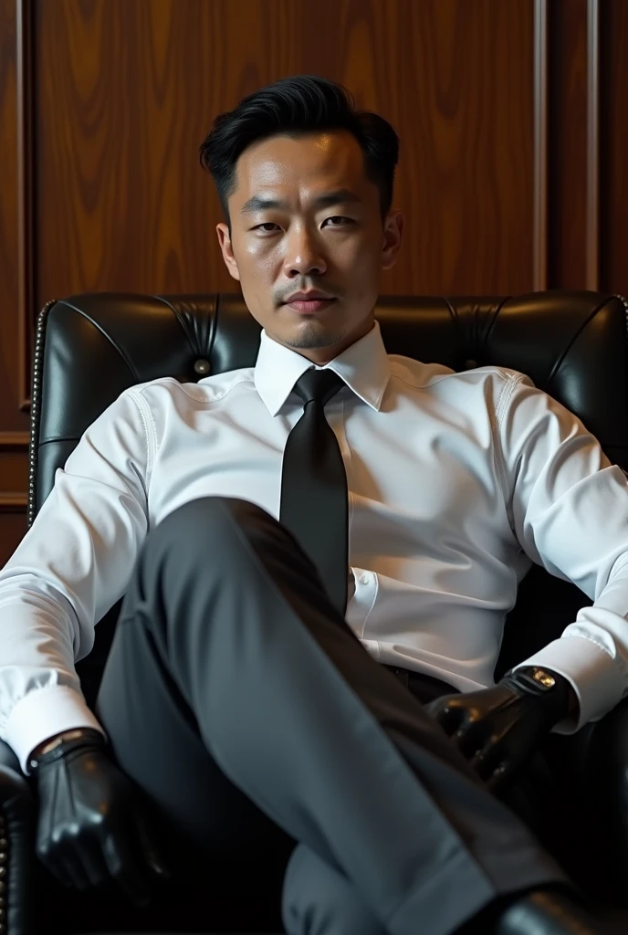 Chinese gentleman ,30 years old,daddy,"shiny suit",wear white shirt,wet clothes, very glossy pants, necktie, waistcoat, shiny satin trousers,dark gray satin fabric ,Dad sit down on the sofa,  k hd,in the office,"big muscle" ,black hair,asia face,masculine,strong man,the boss is,handsome,,leather gloves,lecherous dad,look straight ahead,dad is handsome,dad is handsome, dad is "big horny daddy"