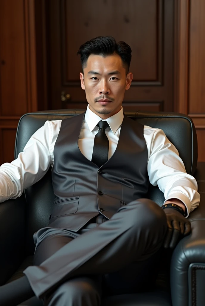 Chinese gentleman ,30 years old,daddy,"shiny suit",wear white shirt,wet clothes, very glossy pants, necktie, waistcoat, shiny satin trousers,dark gray satin fabric ,Dad sit down on the sofa, k hd,in the office,"big muscle" ,black hair,asia face,masculine,strong man,the boss is,handsome,,leather gloves,lecherous dad,look straight ahead,dad is handsome,dad is handsome, dad is "big horny daddy"