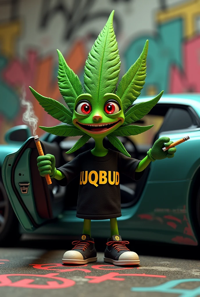 CANNABIS LEAF IN REALISTIC STYLE WITH A SMILE AND RED EYES, HOLDING A CIGARETTE WITH HIS HAND GETTING OUT OF A LUXURY CAR WEARING A BLACK SHIRT WRITTEN LUQBUD WITH A GRAFFITI ON THE FLOOR WRITTEN 4:20