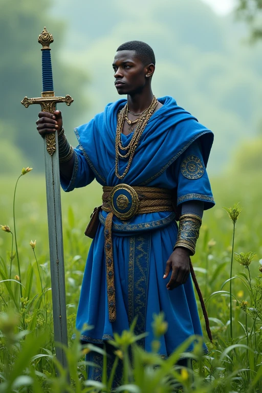 Orisha Black Man, warrior, shorth hair, blue clothing, holding a raised medieval sword in hand, in a green field.