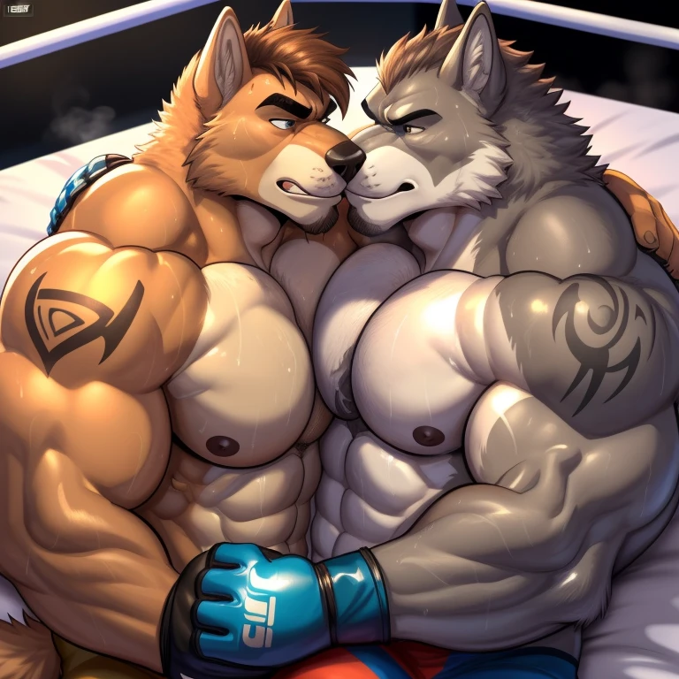 Duo male(Brown Wolf vs Gray Wolf), handsomes(handsome hairstyle, Thick eyebrows, detailed face), gay(Lying down, cuddling, body with body, wrestling at each other, face to face, kissing each other, on a private bed match), hot(Shirtless), handsomes(They are handsomes, correct anatomy), musculosos(Big muscle bodies, Six packs, muscle abs, big pecs), sweaty(very sweaty wet bodies, shiny sweat), tatuajes(they have tattoos), grumpy(Both have an grumpy expression, grumpy teeths, steaming breath), UFC gloves(They both are wearing UFC gloves), Hight resolution, by(Zourik:1.1)