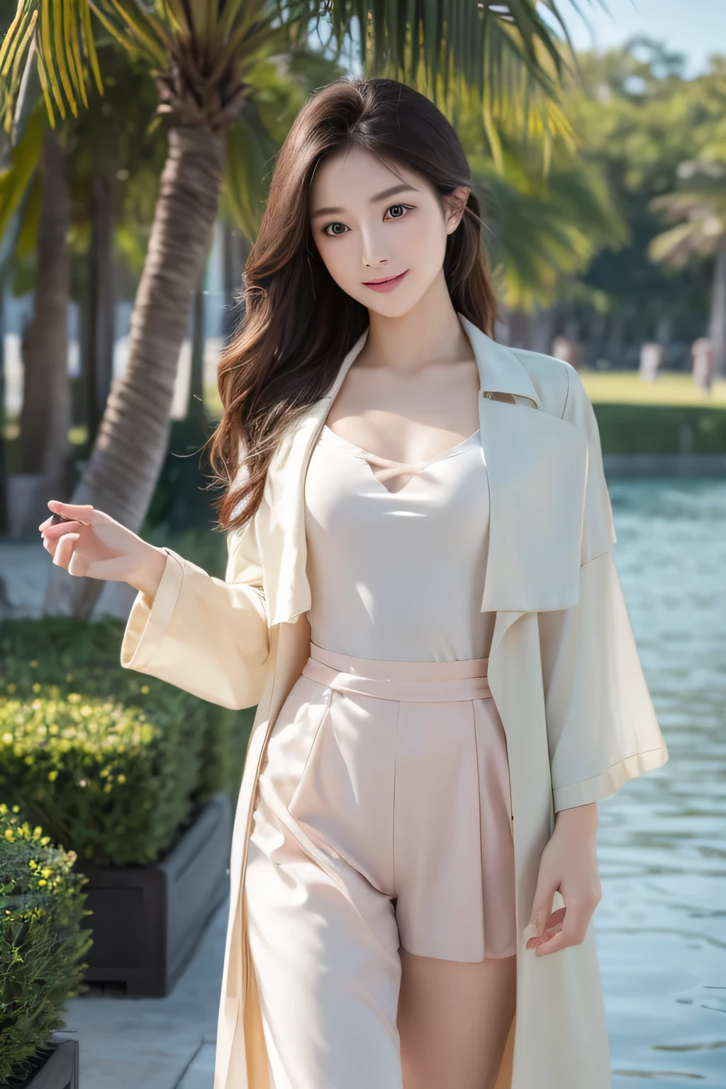 Smile, (Best quality details:1.2),8k hd,Extremely detailed,High quality textures,Intricate details,Detailed texture,Meticulous attention to detail,High Detail,Extremely detailed的 CG,High quality shadows,Delicate and beautiful face,(Delicate, beautiful eyes:1.32),Depth of Field,Ray Tracing,(A beautiful and lovely classical Chinese lady of 25 years old:1),Glowing eyes,blush, Perfect body，dance,dance,Spin dance,Green trench coat set,A stylish shirt,Sunlight，Sea sky background，The sea breeze blows，The world is big