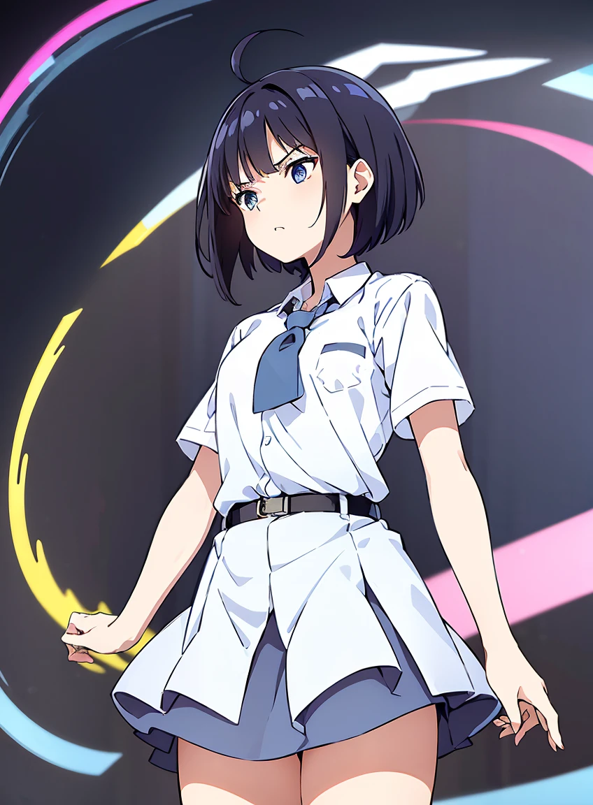 (masterpiece, Best Quality, ultra-detailed, high resolution, extremely detailed CG, official art, Professional Lighting, Perfect Anatomy, anime colors), (1girl), (white hair), (short hair), (short ahoge hair), (multicolor hair), (blue streaked hair), (blue eyes), white dress, angry face, evil eyes, side view, profile view , looking away, white background, 1girl, cewe-sma, from fitting, white shirt, short sleeve, gray skirt, belt, Beautiful and dense face, white skin, (1 girl), skinny, medium chest, Black Hair, (black eye),