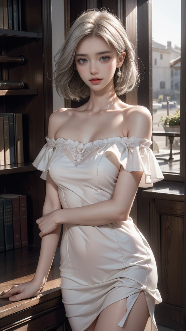 Top image quality、masterpiece、Watercolor Techniques、Aerial perspective、thirds rule、1 Beautiful Nordic Girl、A little taller、slightly smaller eyes、Pretty small face、Light makeup、Platinum blonde short hair、middlebreasts、big butts、slightly thicker legs、Black Gloves、Long Sleeve Gothic Dress、long skirt、The dimly lit underground passage of the old castle、lanthanum、blue moonlight
