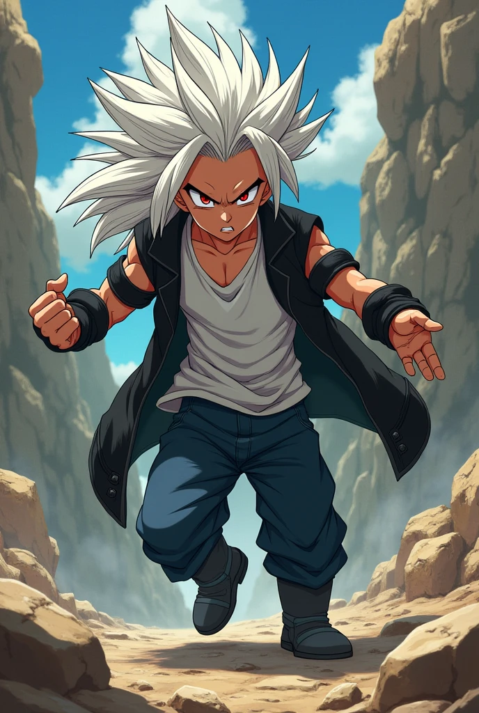 Boy with defined complexion,long straight white hair,Red eyes,scar on his face by his right eye,white sleeveless t-shirt,black knee-length jacket,dark blue jeans by Jin,black boots,fighting against Vegeta from Dragon Ball (,wearing his outfit from the Majin Buu saga)in a rocky area(anime style)