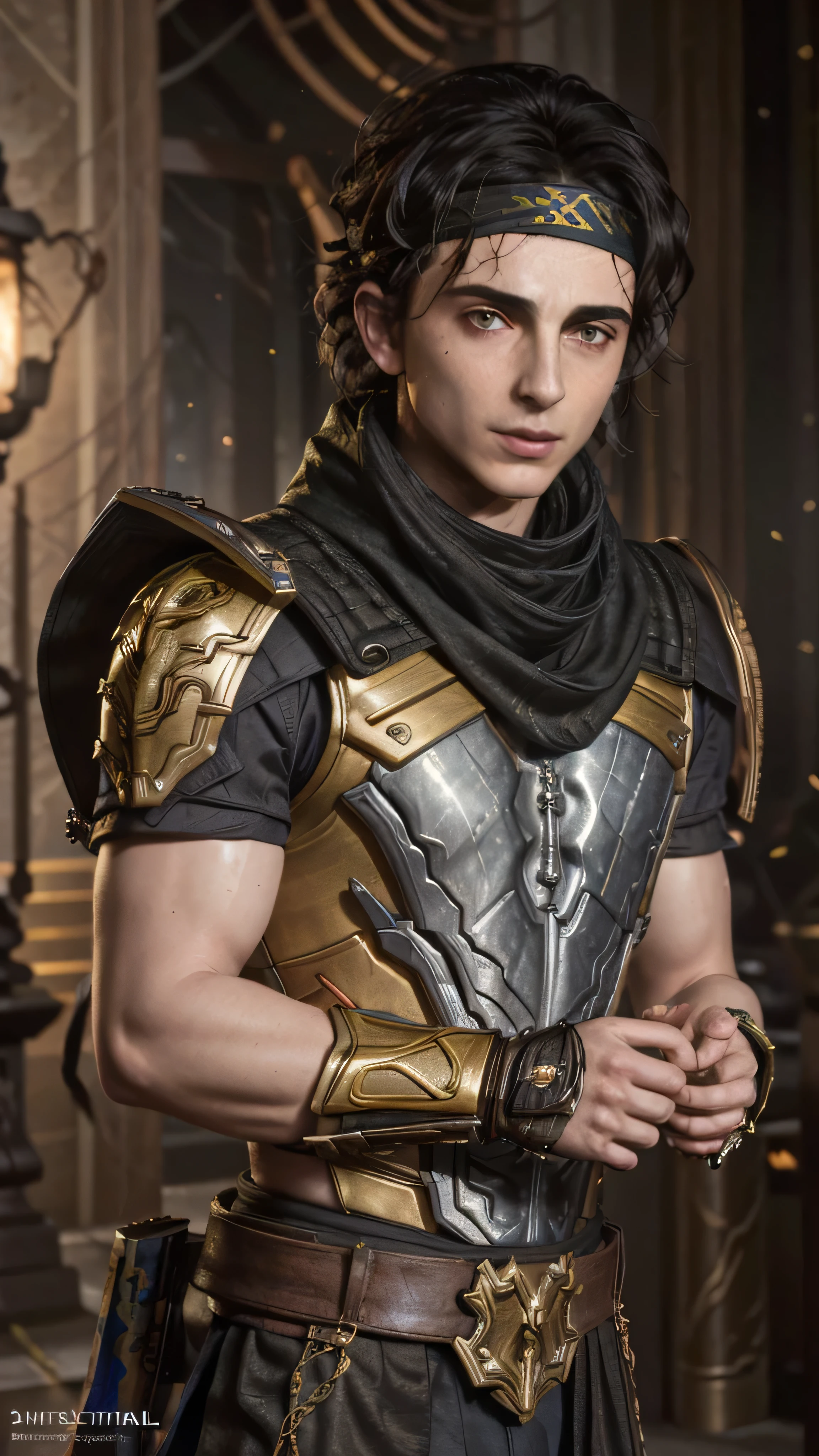 (Timothee Chalamet) as Takeda Takahashi from Mortal Kombat, black hair, headband, scarf, chains, metal armor, yellow armor, (insanely detailed, beautiful detailed face, masterpiece, best quality), cinematic lighting, 1man, solo, full body view, front view, looking at viewer, intricate, high detail, sharp focus, dramatic, photorealistic painting art by greg rutkowski