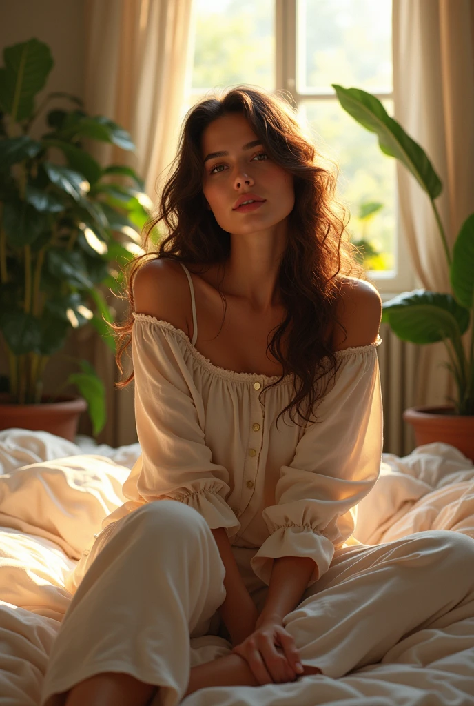 (photorealism:1.2), beautiful woman, sitting on bed, wearing loose off-shoulder top, pajama pants, long curly hair, indoors, soft lighting, plants in background, window with sunlight, cozy room, relaxed pose, realistic, intricate details, warm colors, by Greg Rutkowski, by Alphonse Mucha