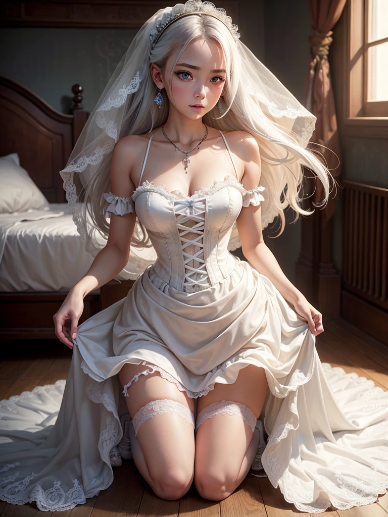 1 girl, Princess peach, Boosette, white hair, extremely long hair, purple eyes, soft, soft light, delicate, frills, frilly choker, frilly white dress, messy hair, laying down, parted lips, sexy pose, open mouth, bows in hair, presenting, white thighhighs, (blushing), feet together, crown, ballroom gown, high heels, sad and scared, ass, anus