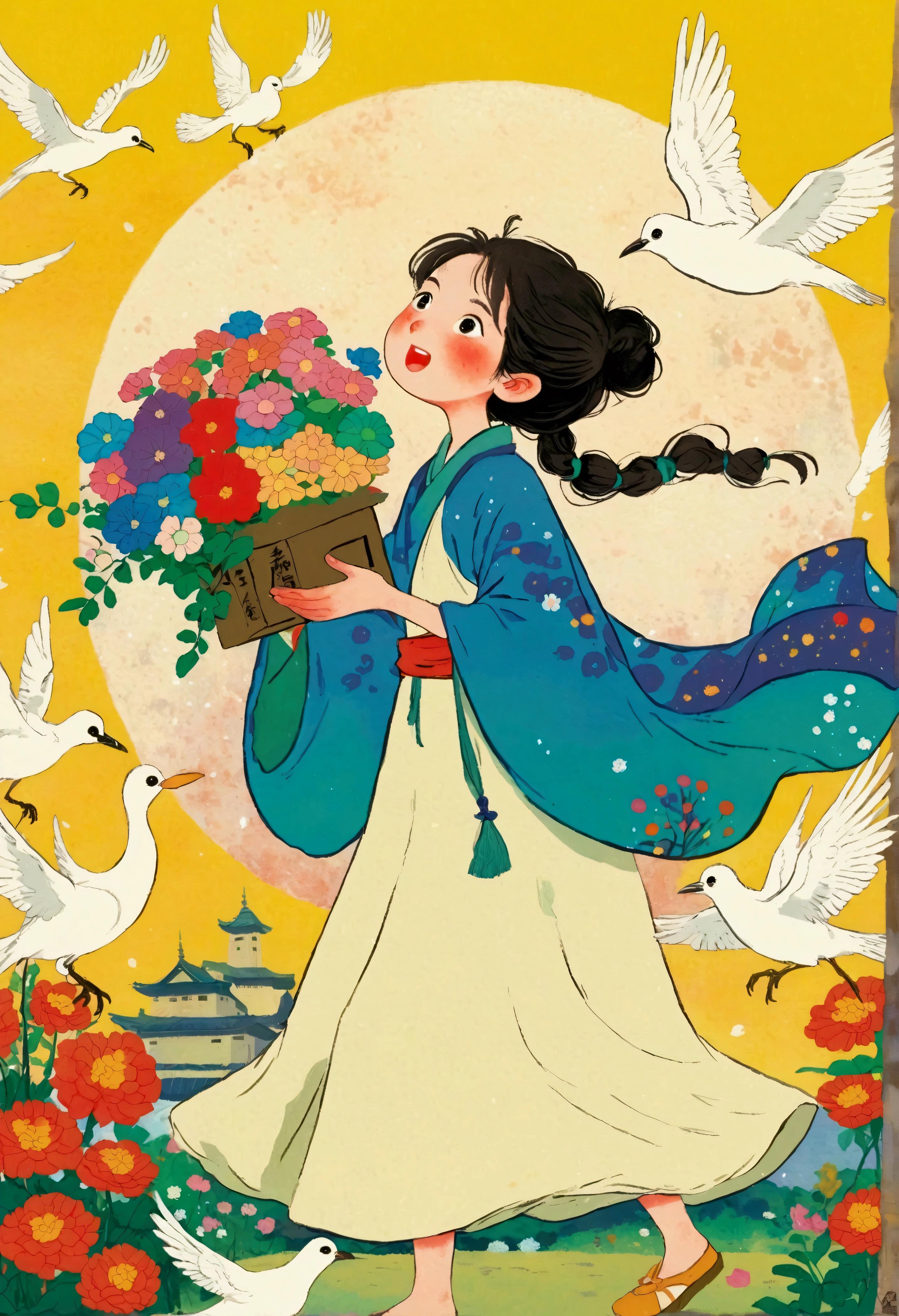 Cartoon girl carrying a box with flowers and birds flying around, Storybook illustrations by Nobumasa Yanagawa, pixiv, Ukiyo-e, Anime Cover, The art style of Dragon King, Ghibli art style, Miyazaki&#39;s style, studio Ghibli art style, Ghost Festival, Ghibli colorful