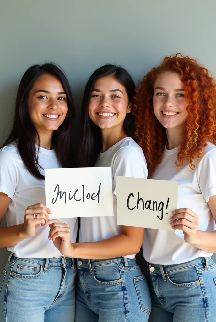 realistic photo of 3 beautiful young women, the first is a latina with hazel eyes, freckles, long dark straight hair, holding a sign that says "Gracias", the second girl is a white pale woman with short black hair, blue eyes and freckles, holding a sign that says "Miguel", and the third woman is a pale white with long curly red head, green eyes, freckles, holding a sign that says "Chang! ♥", all the three are wearing white tshirt and short jeans, all smiling.