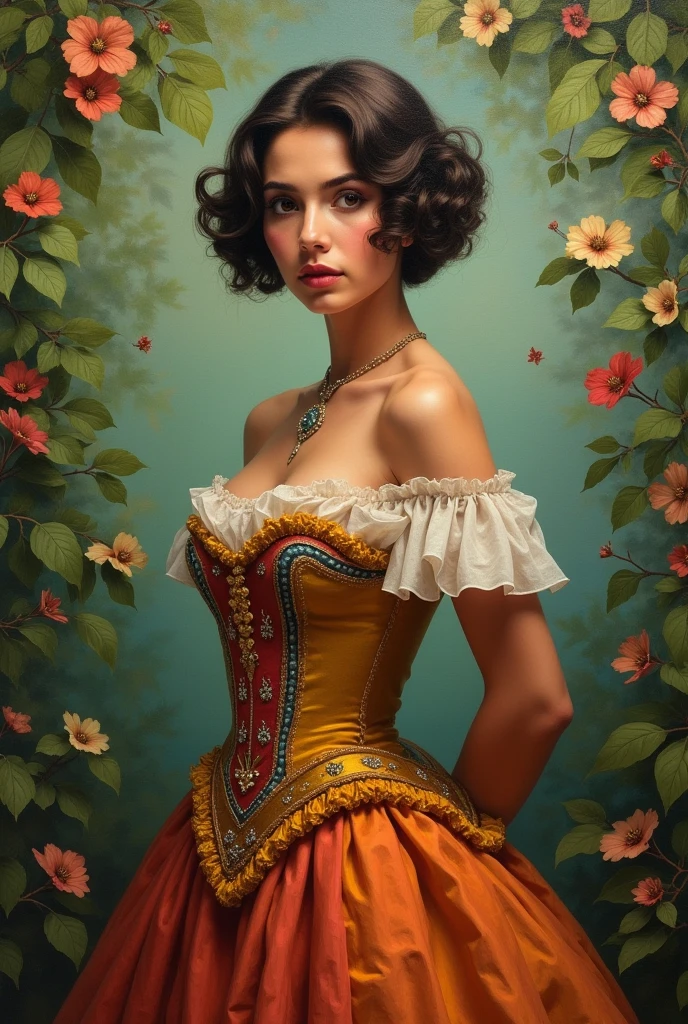 Oil painting of a Beautiful latina woman perfect body short brunette hair, dressed in elegant victorian era 19th century American colorful conservative formal studio lighting, beautiful outdoor paradise background