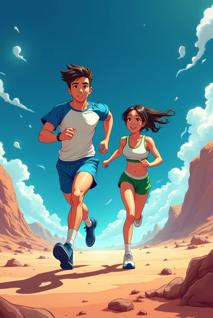 Man and woman running in space anime with shorts and blue white and green t-shirt