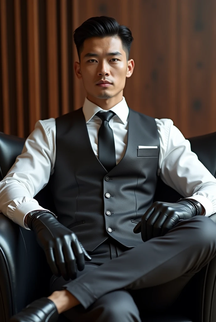 Chinese gentleman ,20 years old,daddy,"shiny suit",wear white shirt,wet clothes, very glossy pants, necktie, waistcoat, shiny satin trousers,dark gray satin fabric ,Dad sit down on the sofa,  k hd,in the office,"big muscle" ,black hair,asia face,masculine,strong man,the boss is,handsome,,leather gloves,lecherous dad,look straight ahead,dad is handsome,dad is handsome, dad is "big horny daddy"