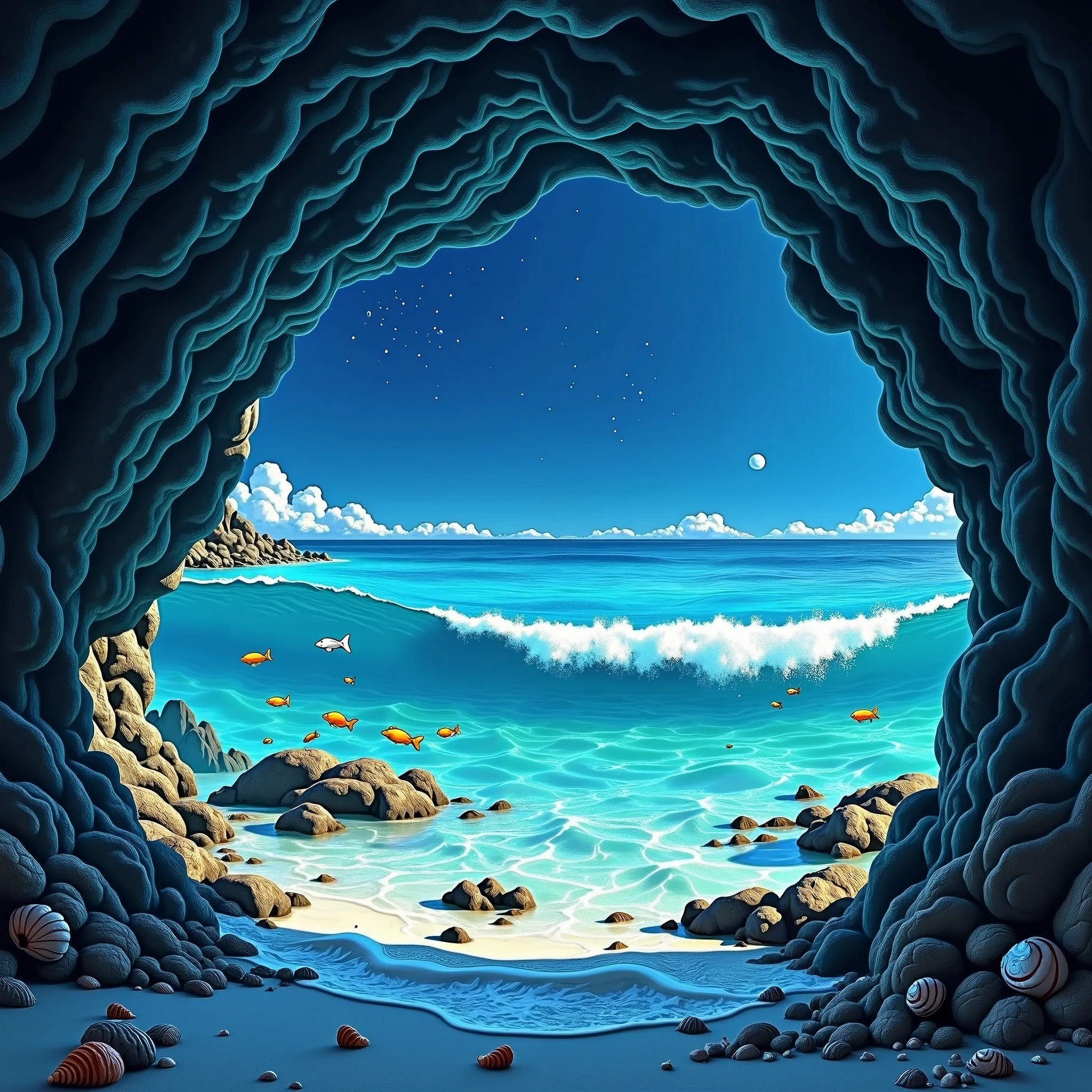 The beautiful sea, transparent and with waves, a cave, the night sky, marine blue, many shells and fish in the sea.