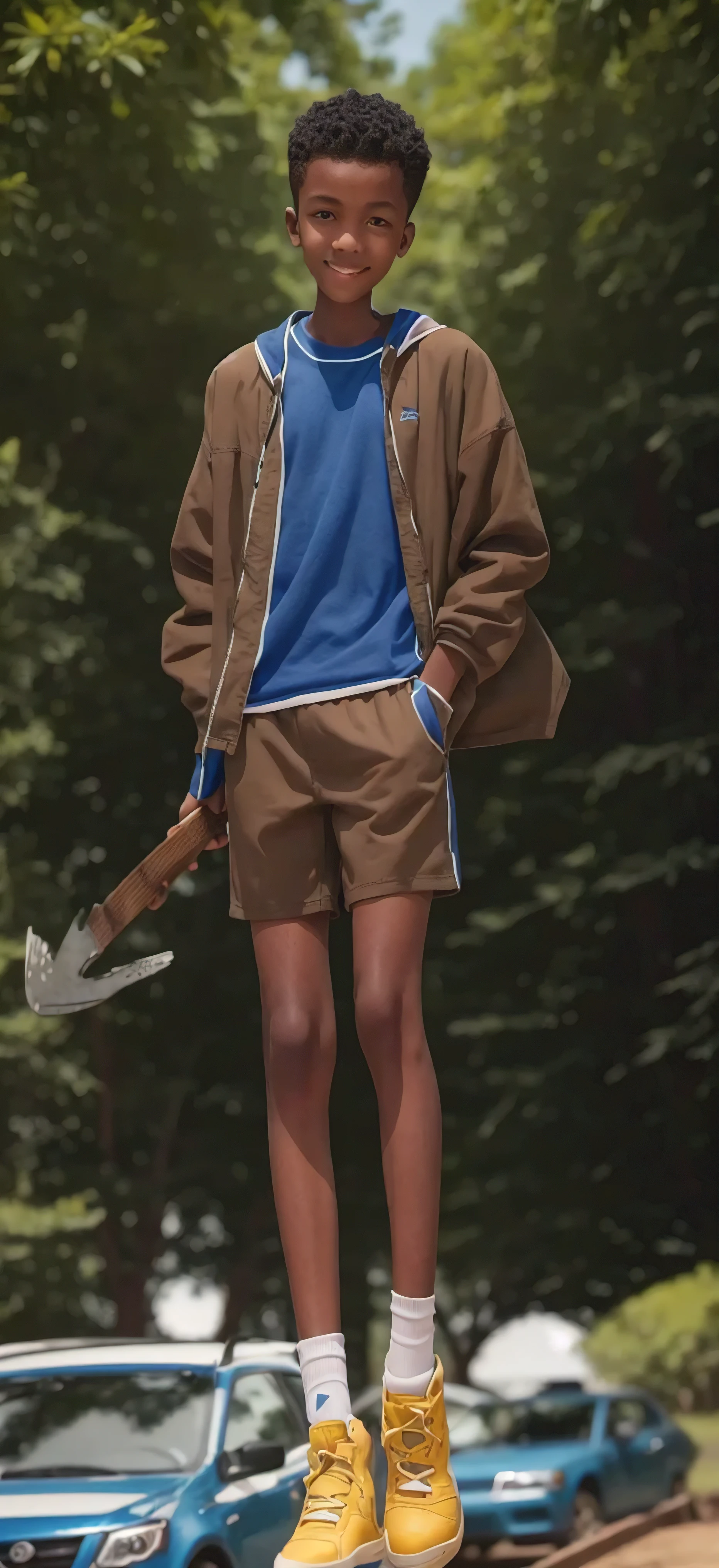  boy，Light brown skin，Blue sports shorts，Bright green top，High-top board shoes，Big round eyes，Very short hair，Tall and skinny，full-body shot，A junior highl student holding an axe，Smile，Bloodthirsty Murder，best quality，HD Wallpapers