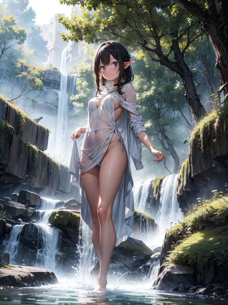 high resolution, fine, 8K, ((nature)), In a large forest、A very slender elf girl, Bathing, They are covered in a white, thin cloth.