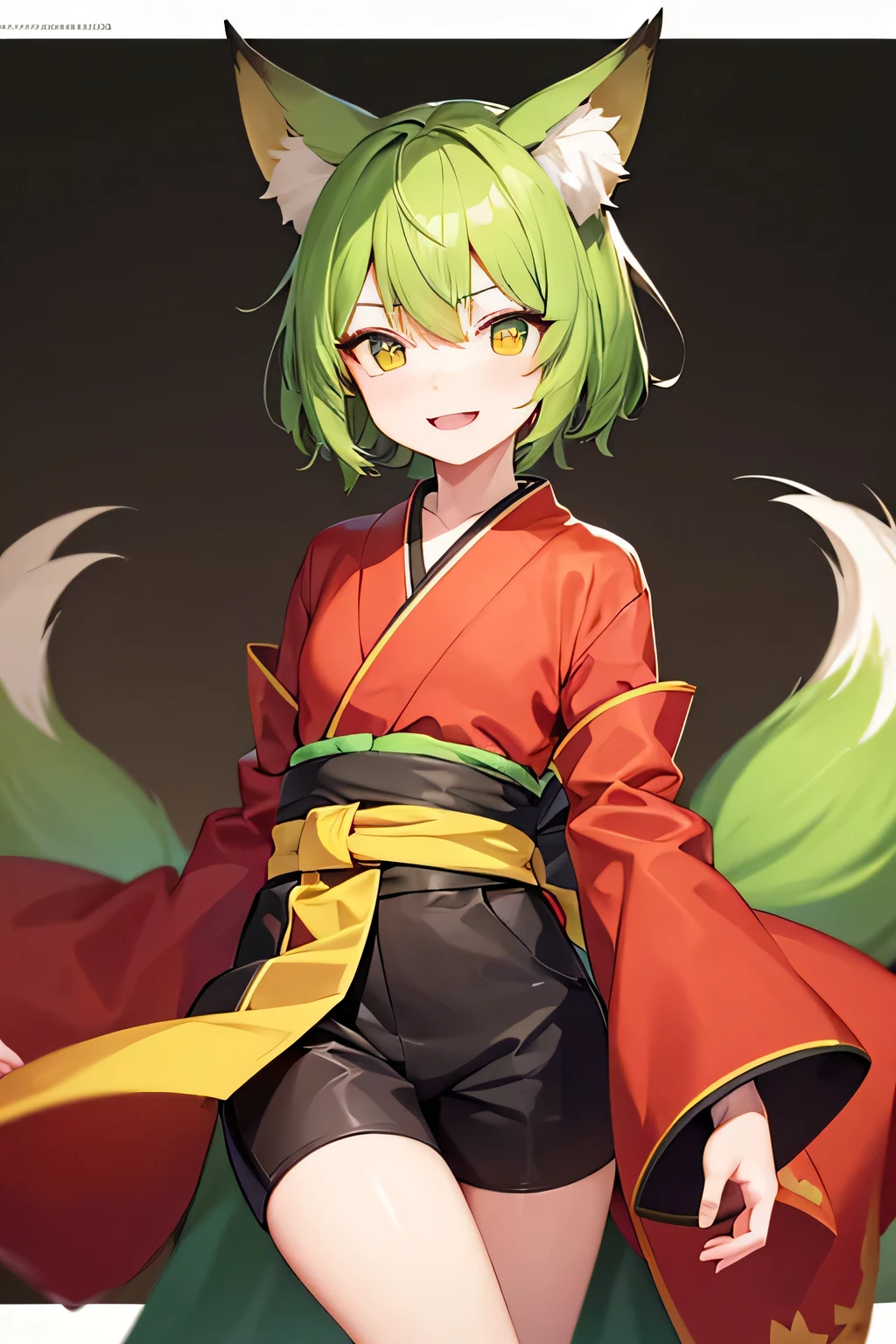 1 person,small,juvenile,Cheerful face,Yellow-green hair,Detailed eyes,Yellow-green eyes,Red pupils,Fox ears,6 tails,A large, yellowish-green kimono,Shorts