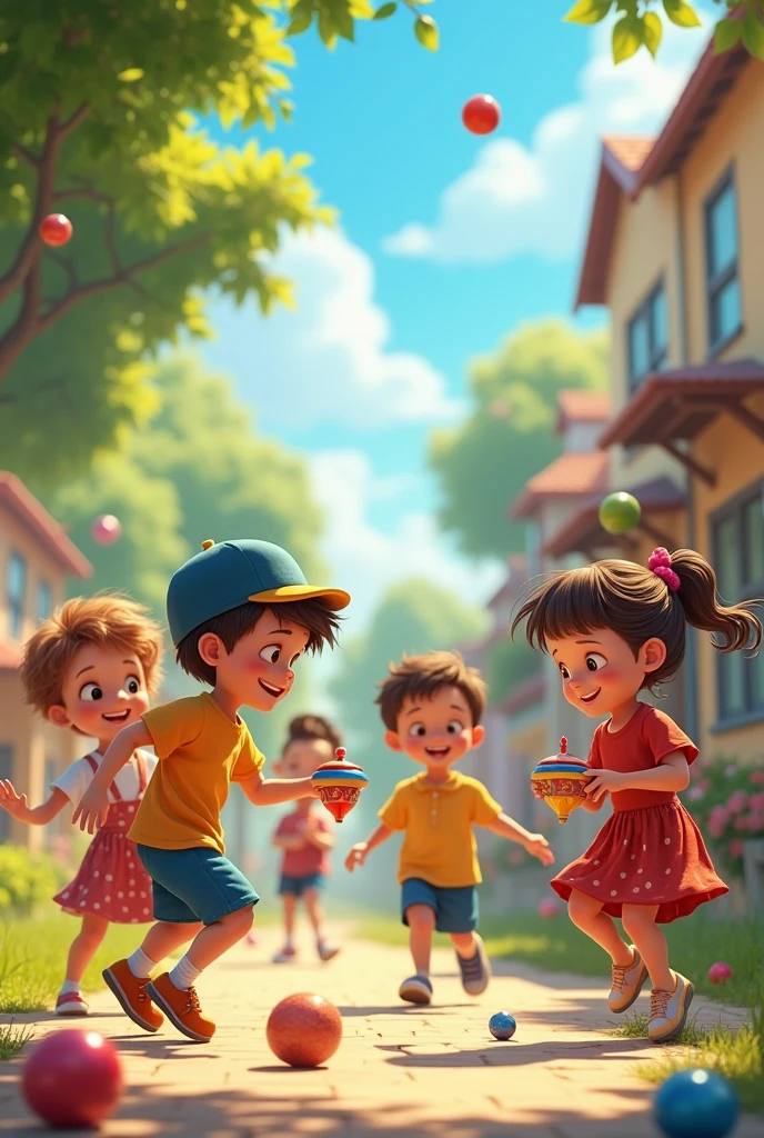 Children playing spinning tops, marbles , Comets , Hopscotch,  jumping rope