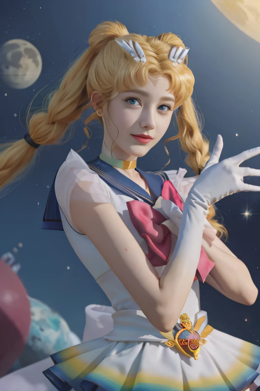 ((HD Real、Same 1st level)), extreme real, masterpiece, top quality, highest resolution, Same 1, space, amazing beauty, upper body photo、1 girl、brisket、Gloves、Lips、solo、sailor moon、blue eyes、 Uniform、See more1、tierra、Sailor Senshi Uniform、(raw photo、top quality)、masterpiece、floating golden twintails、blue sailor color、curtsey、choker、흰 Gloves、노란색 choker、elbow forest、like a jewel、earring、skirt side、Outsole、Telegraph slang、golden twintail hair、(perfect hands):3.8、octane render、Goddess of the Moon、 (closeup:1.2)Beautiful eyes with delicate details、closeup、small eyes、looking at viewer、to8 contrast style、octane line art、space and moon background、beautiful smiling face、Lowered Hands