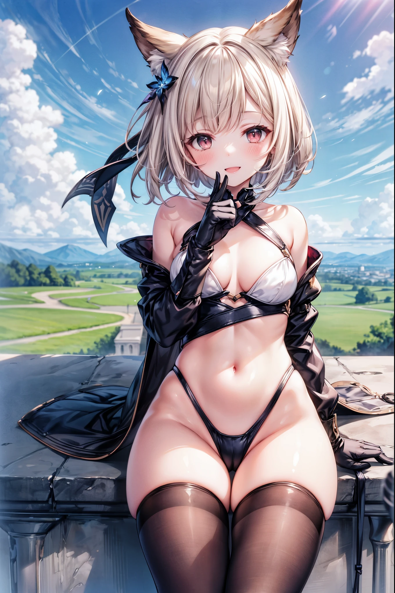 GRANBLUEfantasy,ung_teen_ girl,brown_hair,medium_bob_hair,platina_blond_hair,white_leotard,covered_crotch,thigh-highs,smile,standing,bluesky_landscape_background,slightly_spread_legs,happiness, short_gloves ,solo, r18, navel,relicbuster,short,boots,open_mouth,sitting,knees,blush,shy,piledriver,(crotch:1.3)