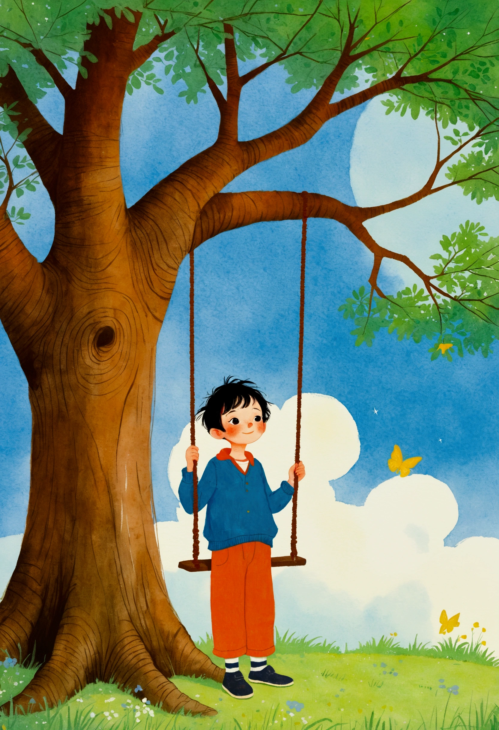 A boy standing in front of a tree，There is a swing on the tree, author：Quentin Black, inspired author：Quentin Black, inspired author：Raymond Briggs, Lanmac, author：Raymond Briggs, illustration!, Inspired by E.H. Shepard, Inspired by John Maggs, Richard Amsel, author：Yumihiko Amano, Illustration Art