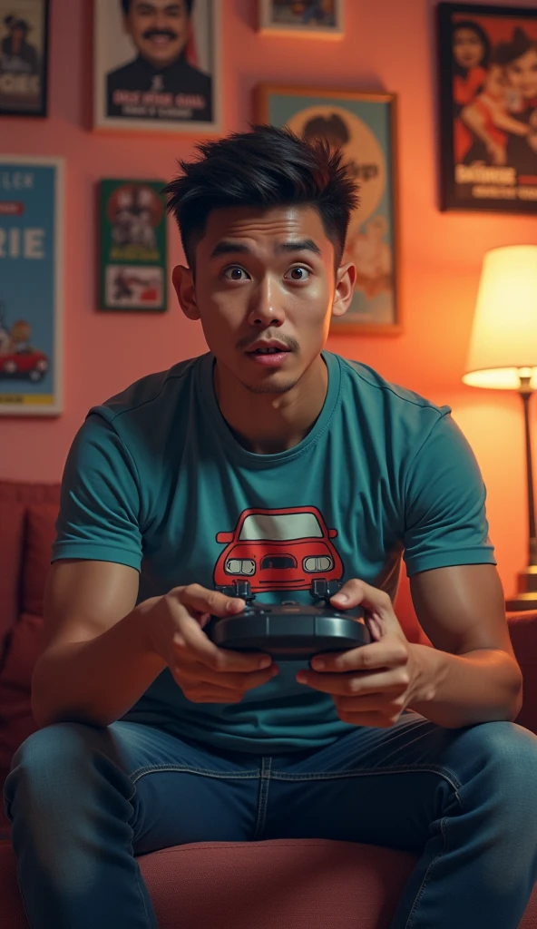 photorealistic, best quality, masterpiece, extremely detailed, (side view), extremely handsome, 30 year old borneo man, no facial hair, muscular build, wearing 8bit graphic tshirt, surprised expression, (looking directly at camera), holds a video game console controller in right hand, left hand slaps his forehead, sitting on couch, in fun bedroom, movie posters on the wall, extremely romantic atmosphere, perfect face, perfect fingers, perfect hands, perfection