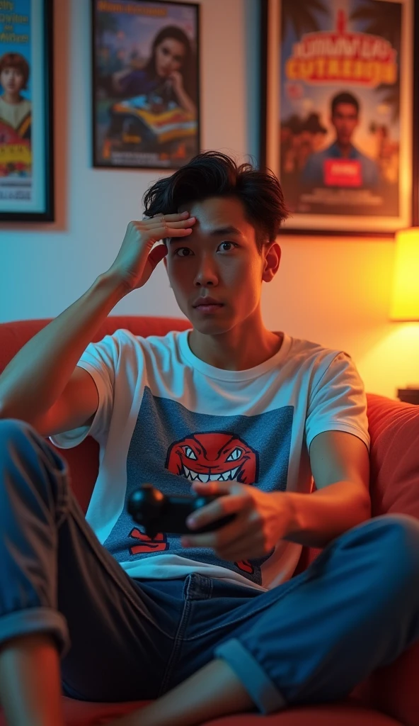 photorealistic, best quality, masterpiece, extremely detailed, (side view), extremely handsome, 30 year old borneo man, no facial hair, muscular build, wearing 8bit graphic tshirt, surprised expression, (looking directly at camera), holds a video game console controller in right hand, left hand slaps his forehead, sitting on couch, in fun bedroom, movie posters on the wall, extremely romantic atmosphere, perfect face, perfect fingers, perfect hands, perfection