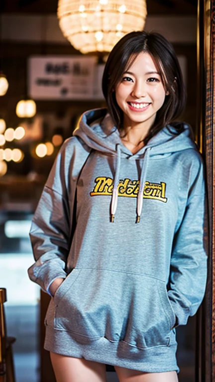 A Japanese milf, photo of one girl, Slender figure, Realistic teeth, wearing oversized hoodie, down hood, smile, full-body, masterpiece, best quality, detailed, beauty, Pub, indoor,