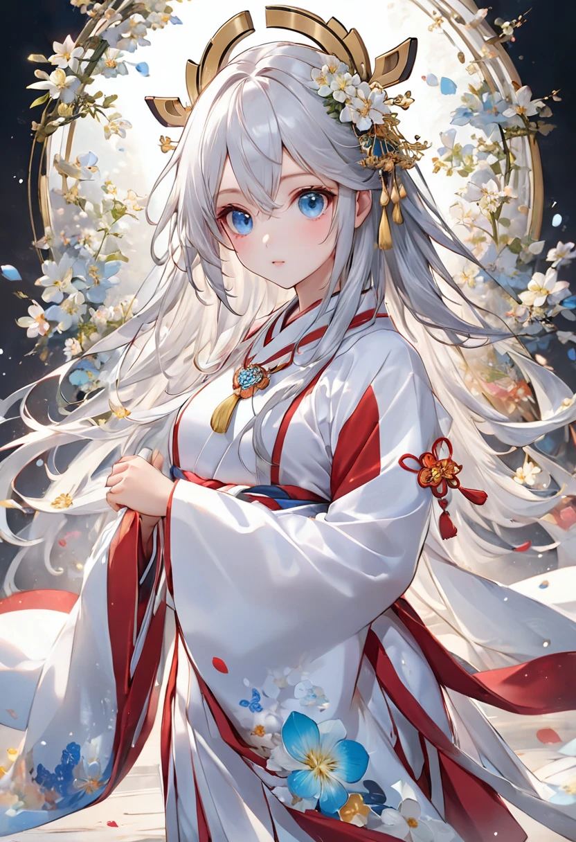 High definition、８K、巫女服を着た清楚なbeautiful girl、Flowers sprout from beneath your feet、１８age、Long silver hair that's half blue、Full body portrait、beautiful girl、A long-sleeved miko outfit、Large eyes like opals、Powerful eyes、Kagura Dance