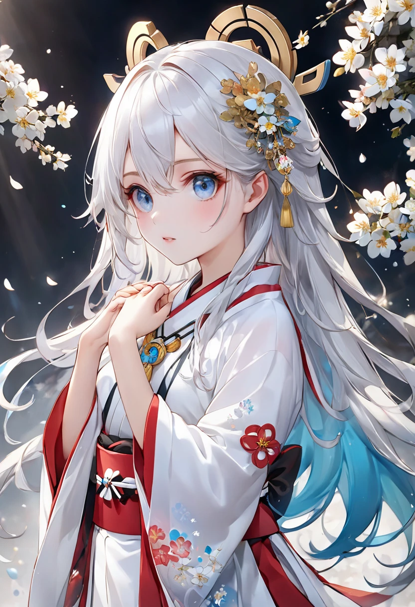 High definition、８K、巫女服を着た清楚なbeautiful girl、Flowers sprout from beneath your feet、１８age、Long silver hair that's half blue、Full body portrait、beautiful girl、A long-sleeved miko outfit、Large eyes like opals、Powerful eyes、Kagura Dance