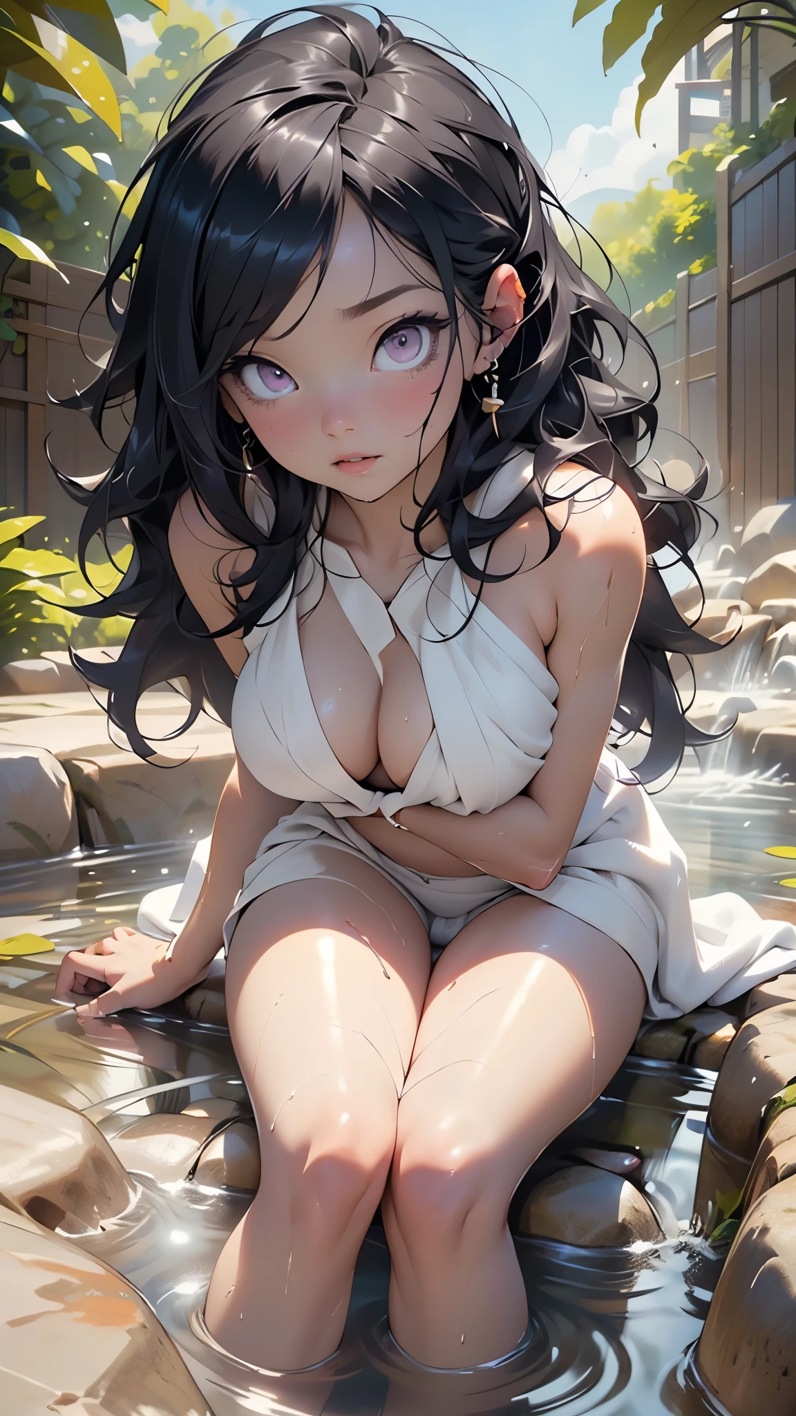 girl,(1girl),((cute and beautiful black haired girl)),

(large breasts:1.4),saggy breasts,(((black wavy hair:1.35,absurdly long unkempt hair,messy hair,colored inner hair,ear breathing))),(((purple_eyes:1.3))),intricate eyes,beautiful detailed eyes,symmetrical eyes,((fat)),(((lustrous skin:1.5,bright skin: 1.5,skin tanned,shiny skin,very shiny skin,shiny body,plastic glitter skin,exaggerated shiny skin,illuminated skin,wet legs))),(spider lower abdomen,narrow waist,wide hip,athletic body,inflated legs, thick thighs,detailed body,(detailed face)),

cute,slutty,erotic,((nsfw)),

((wrapped in a tiny bath towel around the body)), (wet hair, wet skin) and (steam),(((naked under the towel))),

dynamic pose:1.0,embarrassed,(centered,scale to fit dimensions,Rule of thirds),

outdoor bath,hot onsen,onsen pond,rock bath,full moon,mountains in the background,stream,The hot spring is steaming,night time,scenery,extremely scenery,

(Glossy asian ornaments),highres,sharp focus,(ultra detailed,extremely detailed),(photorealistic artwork:1.37),(extremely detailed CG unity 8k wallpaper),(((vibrant colors,vibrant theme))),(intricate),(masterpiece),(best quality),artistic photography,(photography taken by sldr),(intricate background),perfect rendered face,perfect face details,realistic face,photo realistic,((intricate detail)),(((realism))),
