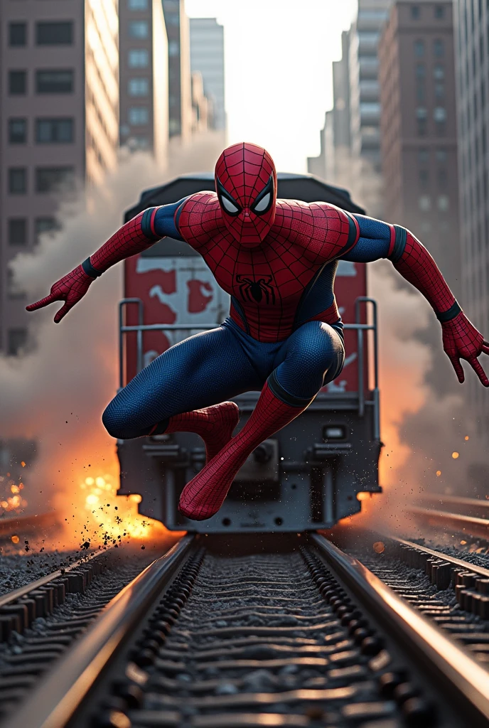 Spider-Man trying to stop running a train