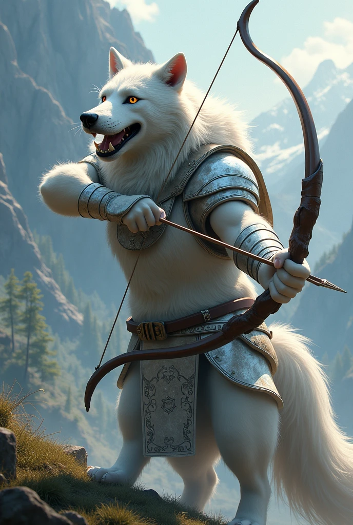 (photorealism:1.2), white wolf, happy, armor ,bow, struggling