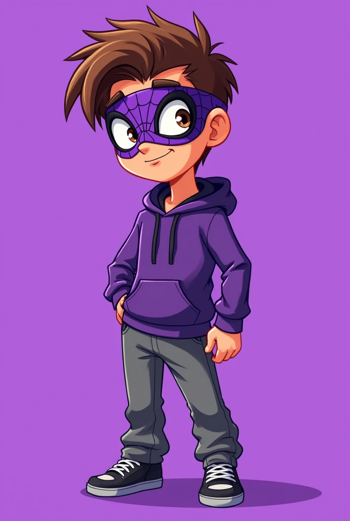 a cartoon male drawing with a purple spiderman mask, loose gray pants and a purple hood, brown hair and eyes, with a solid purple background