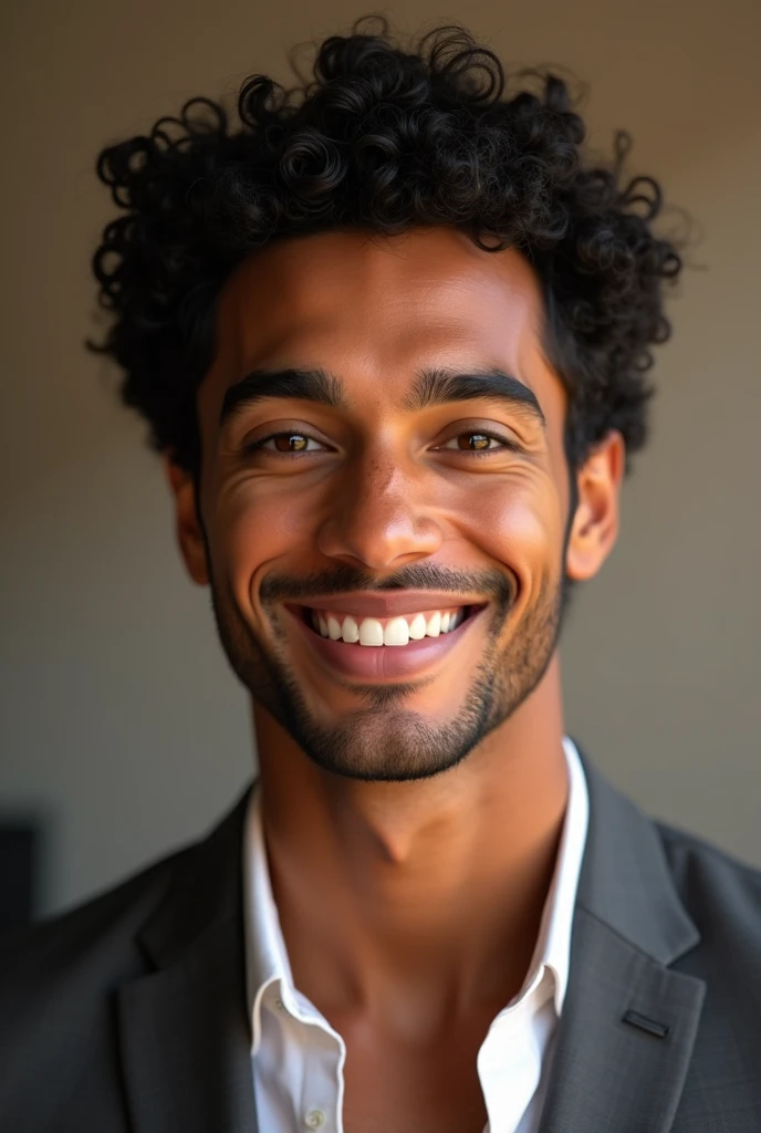Jamil is a young man with a radiant smile and expressive eyes that shine with warmth.. Her dark, curly hair frames her face elegantly., and her tanned skin has a healthy glow. His nose is straight and proportionate, and her lips are soft and well defined. Jamil has a confident presence and an upright posture, which highlights his height and athletic build. Her style is elegant and modern, with a touch of sophistication that reflects his friendly and self-confident personality.