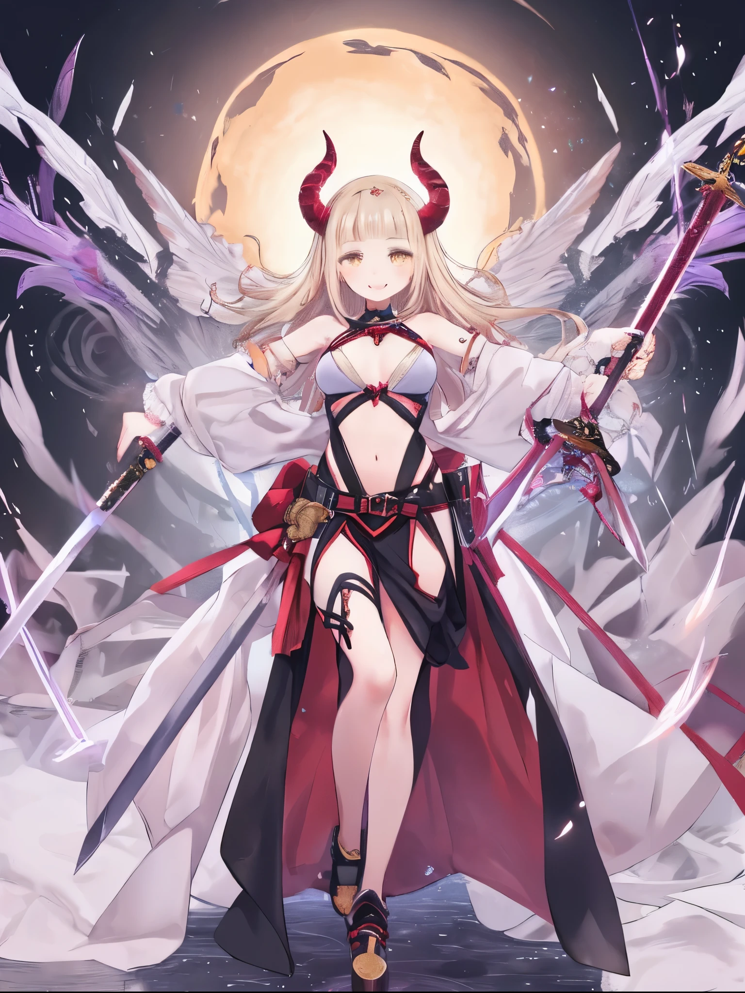 fantasy, 1devil_girl, low_, platina_blond_hair,long_bangs,, bare_shoulder, navel out, thighhighs,silver_armor, red_clothes,waist_armor, Glebe, hold_swords, large_breasts, dynamic_flying_pose,Floating,(pelvic_curtain:1.3), silver_Headgear ,looking_down_at_sunrise_city_sky_background,,slightly_spread_legs, some_swords,some_swords_floating_around_the_girl,solo,horn ,smile,,open_legs,open_arms,rise_knee,rise_leg,rise_thigh,rise_leg,forward_leaning_posture,apart_legs,fang,Shiny_gold_eyes,crotch