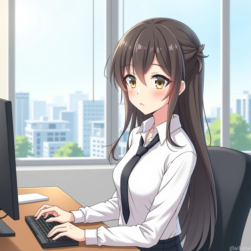 Female employees at IT companies、Beauty、I am working in the office.、In the style of Japanese anime illustration、I'm calling