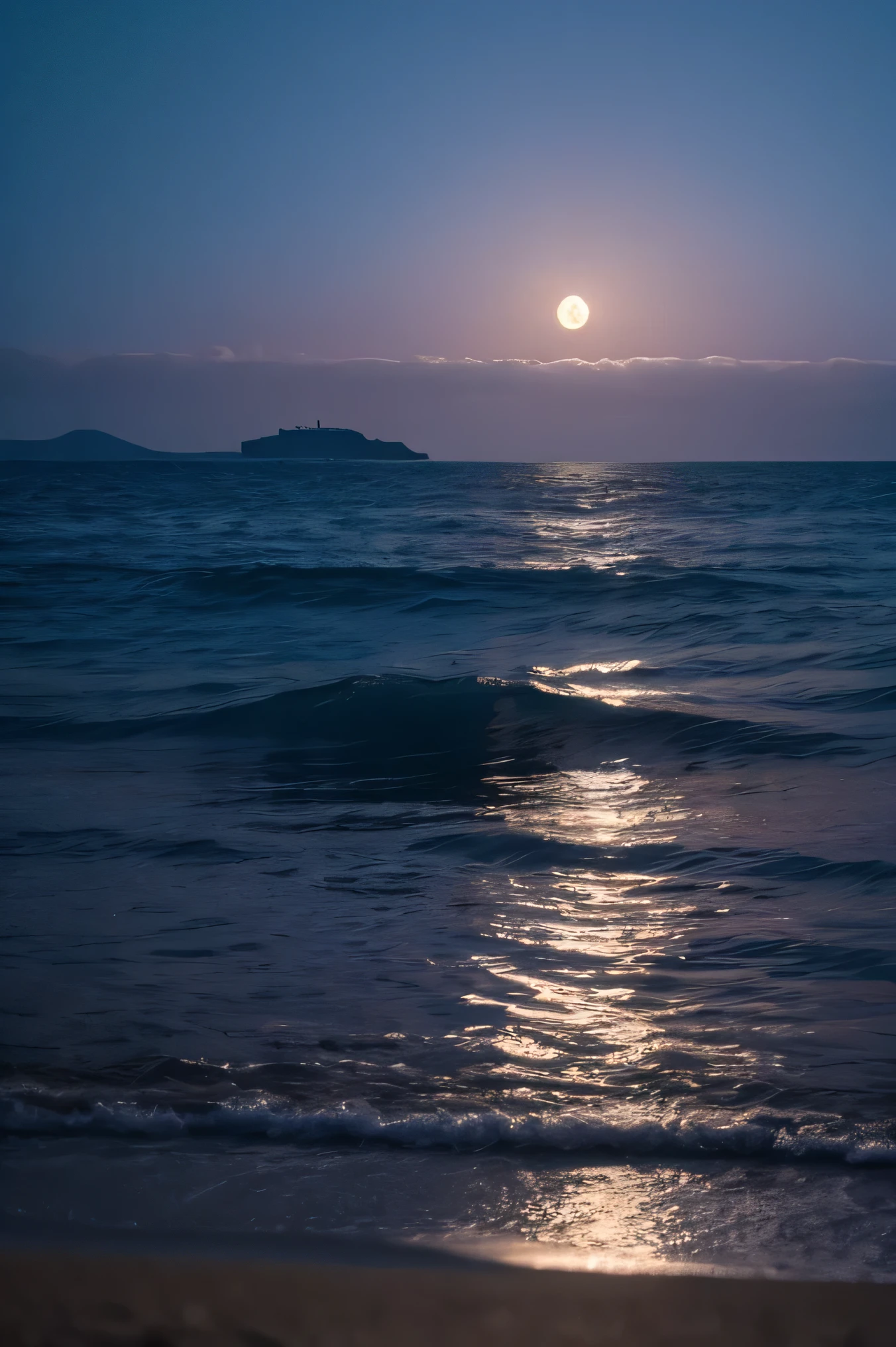 The moon is out over the sea at night、On the distant hills、There is a lighthouse。On the sea、There is a yacht。There are also large fireworks。
The yacht is floating on the sea、Sails are open。
In the sea、White waves are crashing。