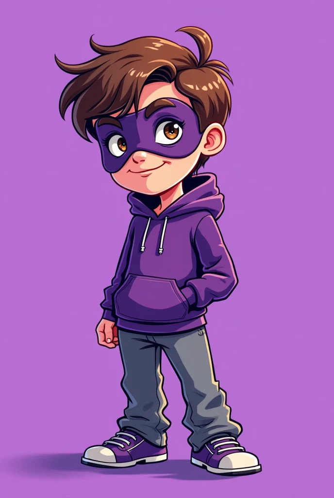 a cartoon male drawing with a purple spiderman mask, loose gray pants and a purple hood, brown hair and eyes, with a solid purple background