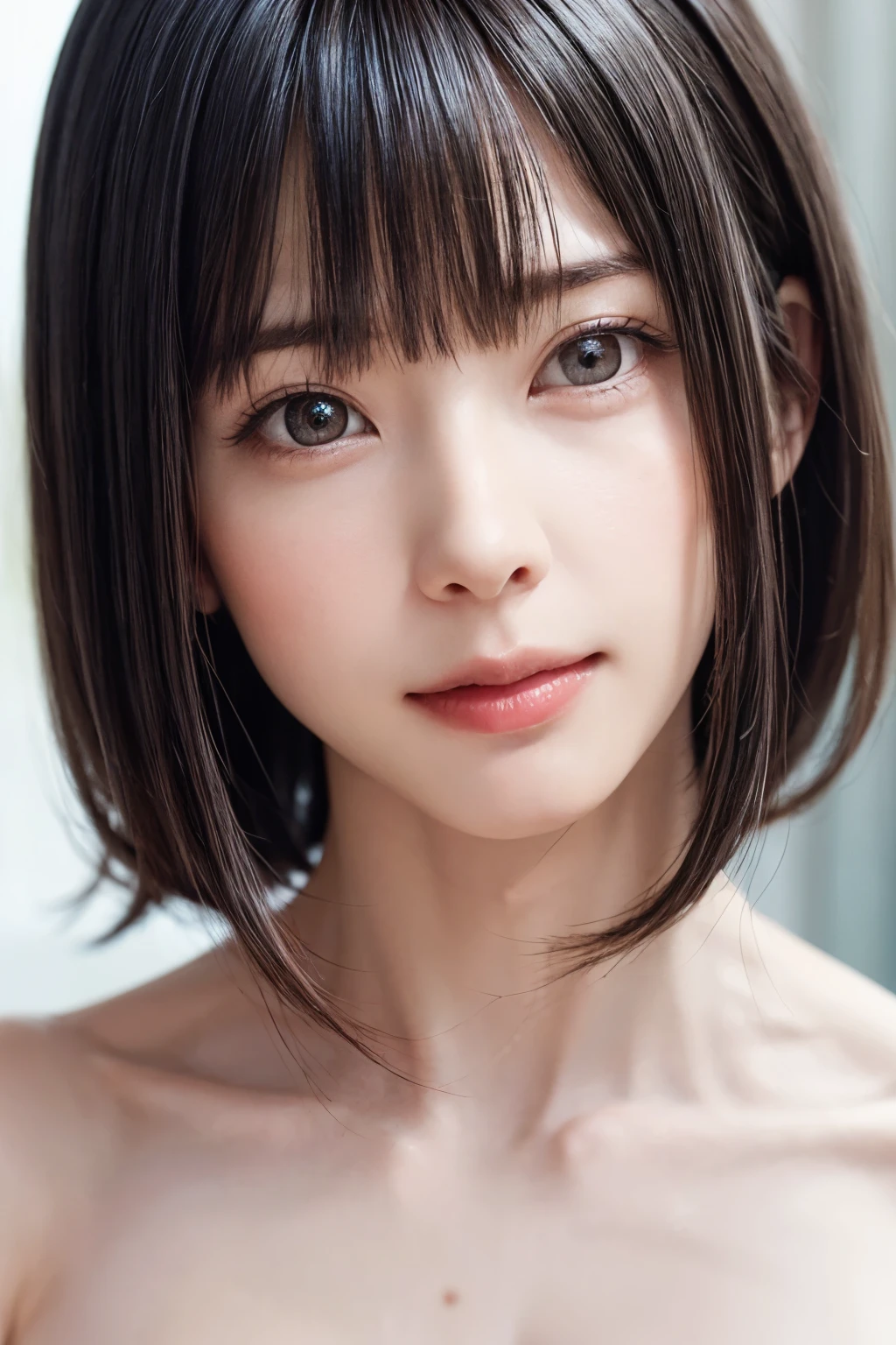 ((masterpiece, Highest quality, High resolution、Realisticですべてが美しく詳細に描かれている)), 1 person, (Realistic: 1.4), alone, White Background, snow-White Background, Mouth closed, smile, smile, Beautiful black hair, short hair, Big eyes, Transparent double eyelids, eyelash, Listen carefully, Long neck, 美しくLong neck, Absolute area, ((Face close-up)), (Draw the whole head, shoulder), 19 years old, Attractive proportions, Glowing Skin, Beautiful clavicle, Golden ratio face, Perfect Face, Teardrop-shaped mole, chestのほくろ, bangs, clean bangs, beautiful bangs, Lip gloss, Thin lips, Fair skin, naked, Big Breasts, {Huge|big|Hugeな|Mega} chest:2, chestの谷間:2,chestの谷間を見せる、Small face, Small face, All the heads are painted, shoulder all drawn, Point slightly above the camera