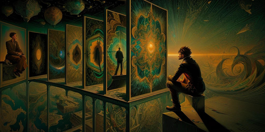 painting of a man sitting on a ledge looking at a wall with photos, illumination tripping on dmt, estilo and mumford e alex gray, doors of perception, dmt entities, dmt background, psychedelic art of illusion, hyper-detailed visionary art, art in perspective, contemplating existence, projection of consciousness, dmt entity ; lsd art, cyril rolando and m.w kaluta