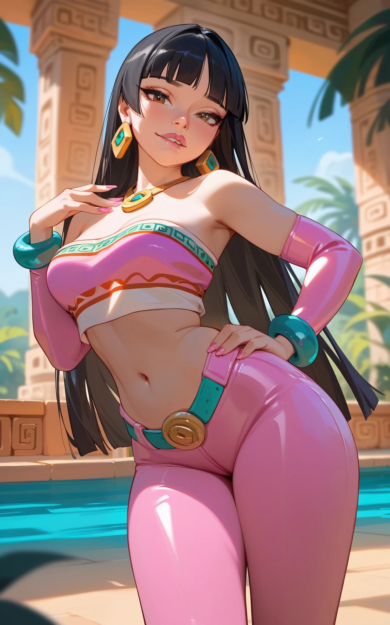 1 girl, best quality, masterpiece, Aztec temple in the background, Chel from the movie "The Road to El Dorado", Same outfit Chel normally wears but make it composed of pink latex, biting lip, wearing shiny pink lip gloss, sexy pose, hand on hip, blushing deeply